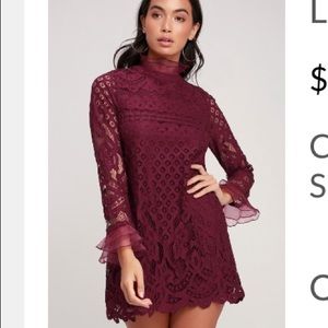 Lulu’s Burgundy Lace Long Sleeve Shift Dress